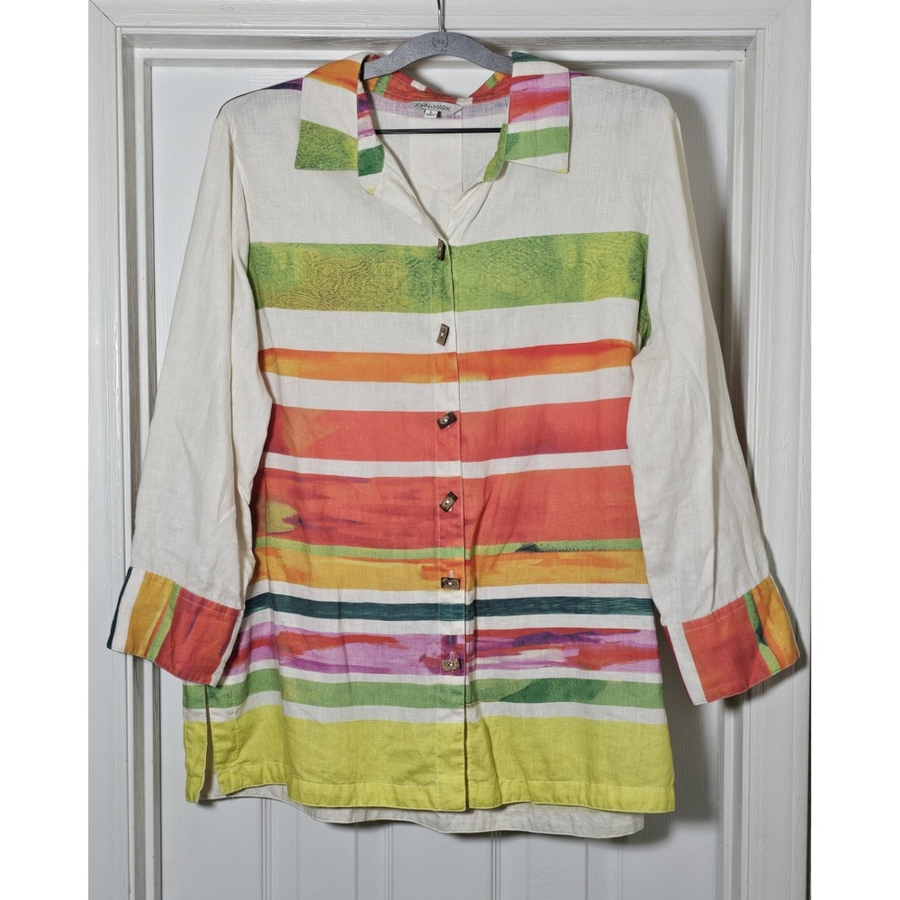 John Mark 100% Linen Colorful Art to Wear Button Top Large‎ Fray Detail Sleeve